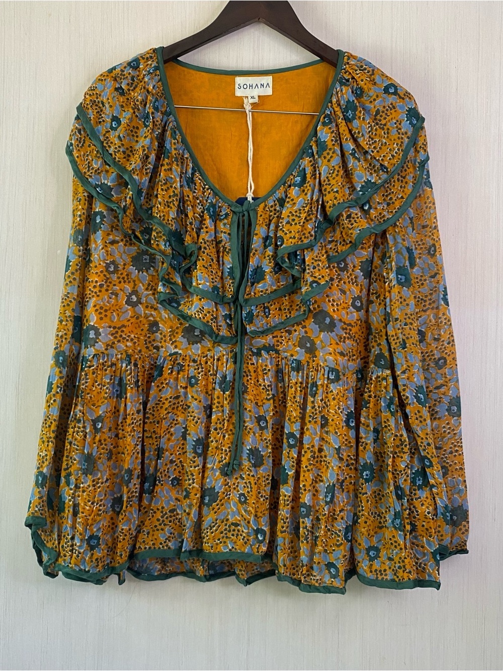 NWT Sohana Women’s Sandra V-Neck Floral Lined Ruffle Peasant Blouse Latte XL